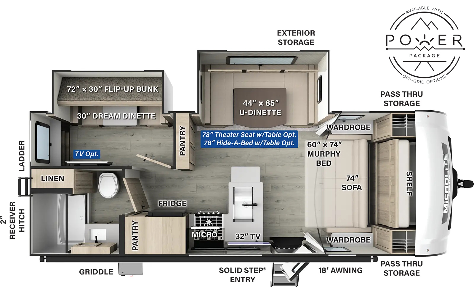 The Flagstaff Micro Lite 25FBH has one entry and two slide outs. Exterior features include: fiberglass exterior and 18' awning. Interiors features include: bunk beds, u-dinette and murphy bed.